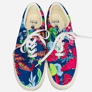Polo Ralph Lauren 9.5 Keaton White Pony &‎ Floral Canvas Sneakers Tropical Print